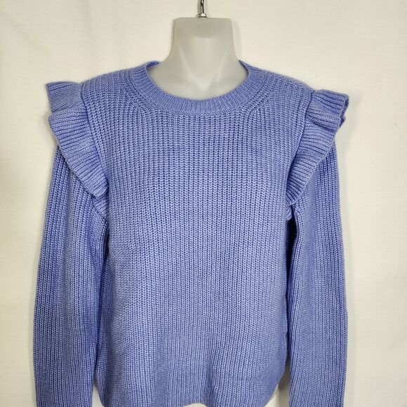 Ann Taylor Women Sweater Size Medium Blue Ruffle Shoulder Long Sleeve Wool Blend - Picture 3 of 10